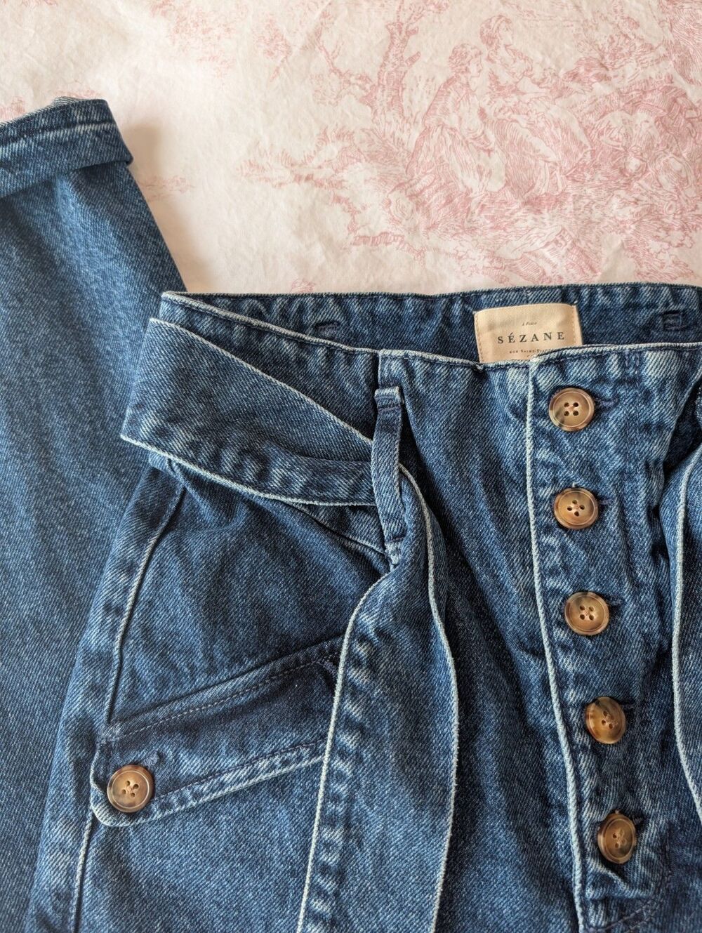 Sezane Paris Paper Bag Waist Style Belted Denim Blue Jeans Size EU 34 US 4